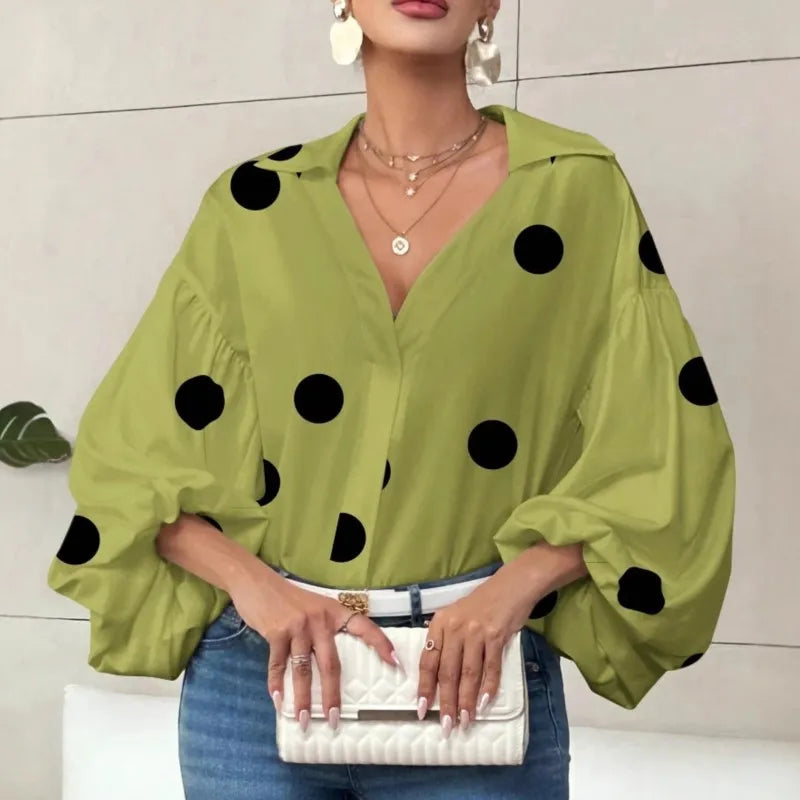 Boho Women's Blouses Spring Fall New Fashion French Polka Dot Half-neck Design Loose Puff Long-sleeve Top Casual Shirts Women Bazaare Mart