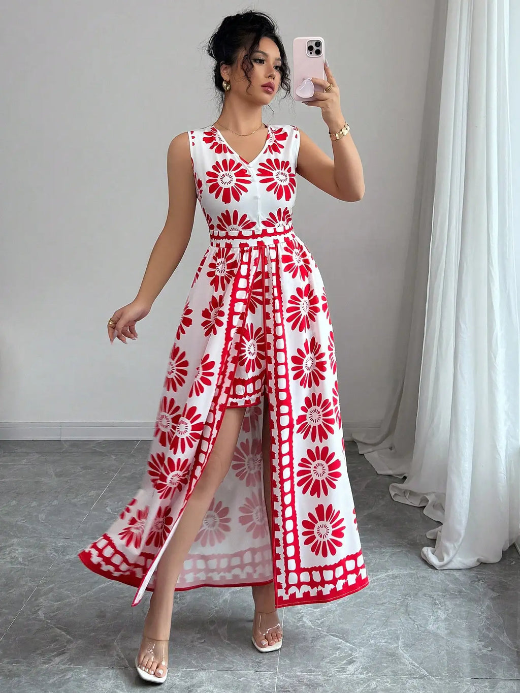Boho Daisy Print 2-in-1 Jumpsuit – Sleeveless Maxi Overlay Vacation Romper