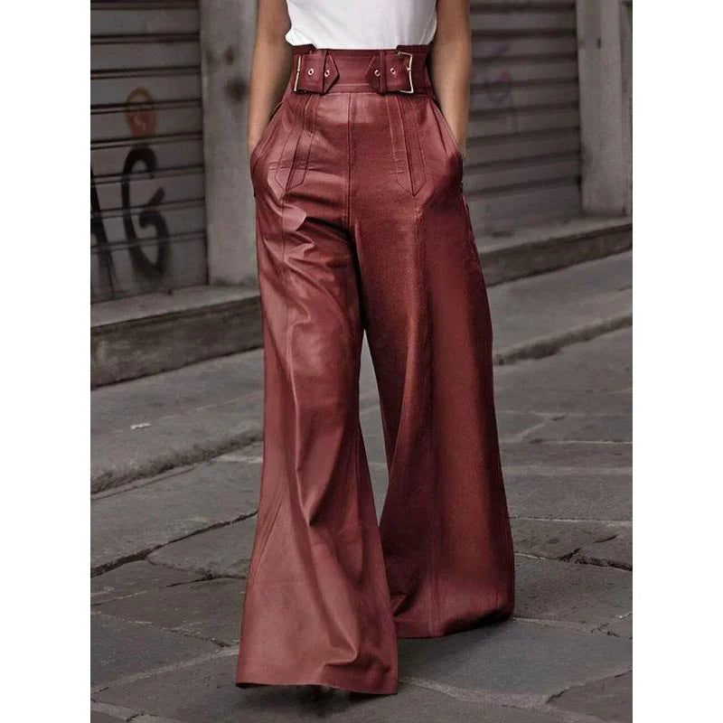 Women's PU High Waisted Loose Wide Leg Trousers