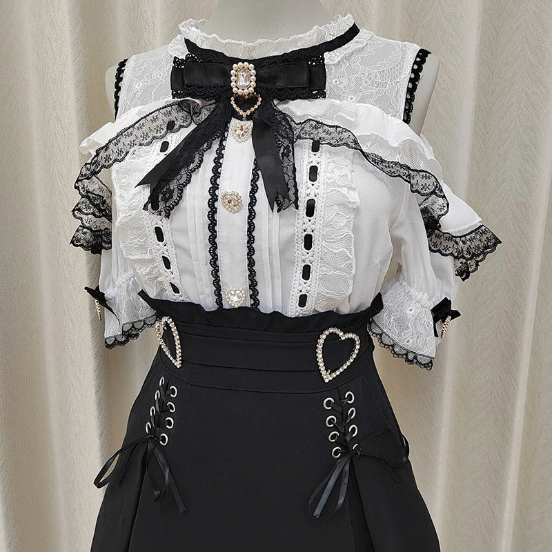 Women's Kawaii Lolita Blouse – Japanese-Inspired Peter Pan Collar Shirt with Lace & Bow Details Bazaare Mart Blouse