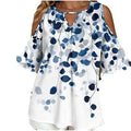 Women's plus size women's blue leaf print off shoulder V-neck hollowed out mid sleeve top, commuting and leisure vacation top White Bazaare Mart