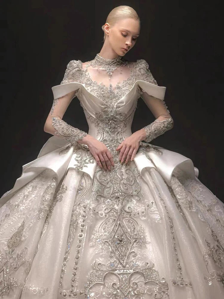 Long Sleeve Princess Sparkling Beaded Bridal Gown Bazaare Mart Beaded Long Sleeve Bridal Gown
