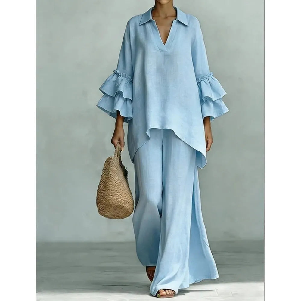 Women's 2-Piece Wide-Leg Pants Set with Ruffle Sleeves