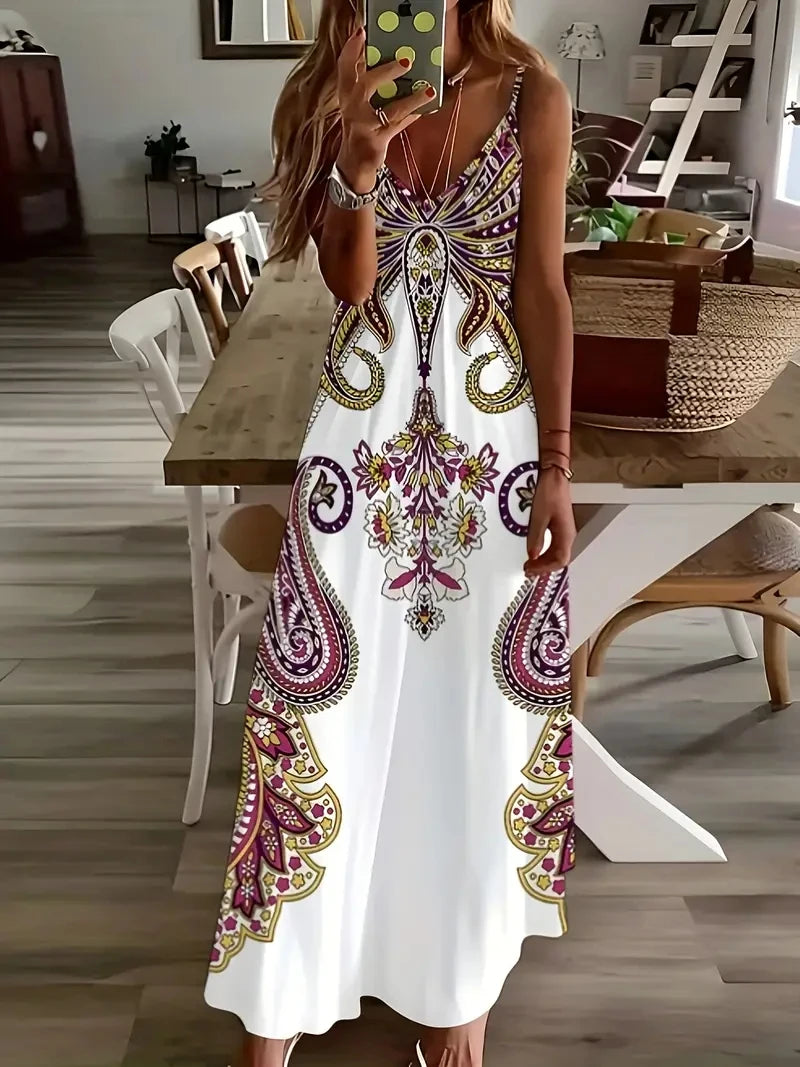 Bohemian Floral Maxi Dress – Elegant V-Neck Vacation Sundress for Women Multi Bazaare Mart Sleeveless Maxi Dress