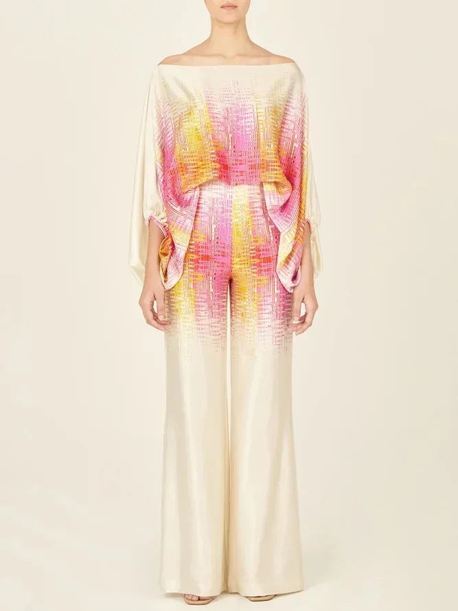 Abstract Print Satin 2pc Pants Sets Pink Bazaare Mart 2 pc. Pants Outfit