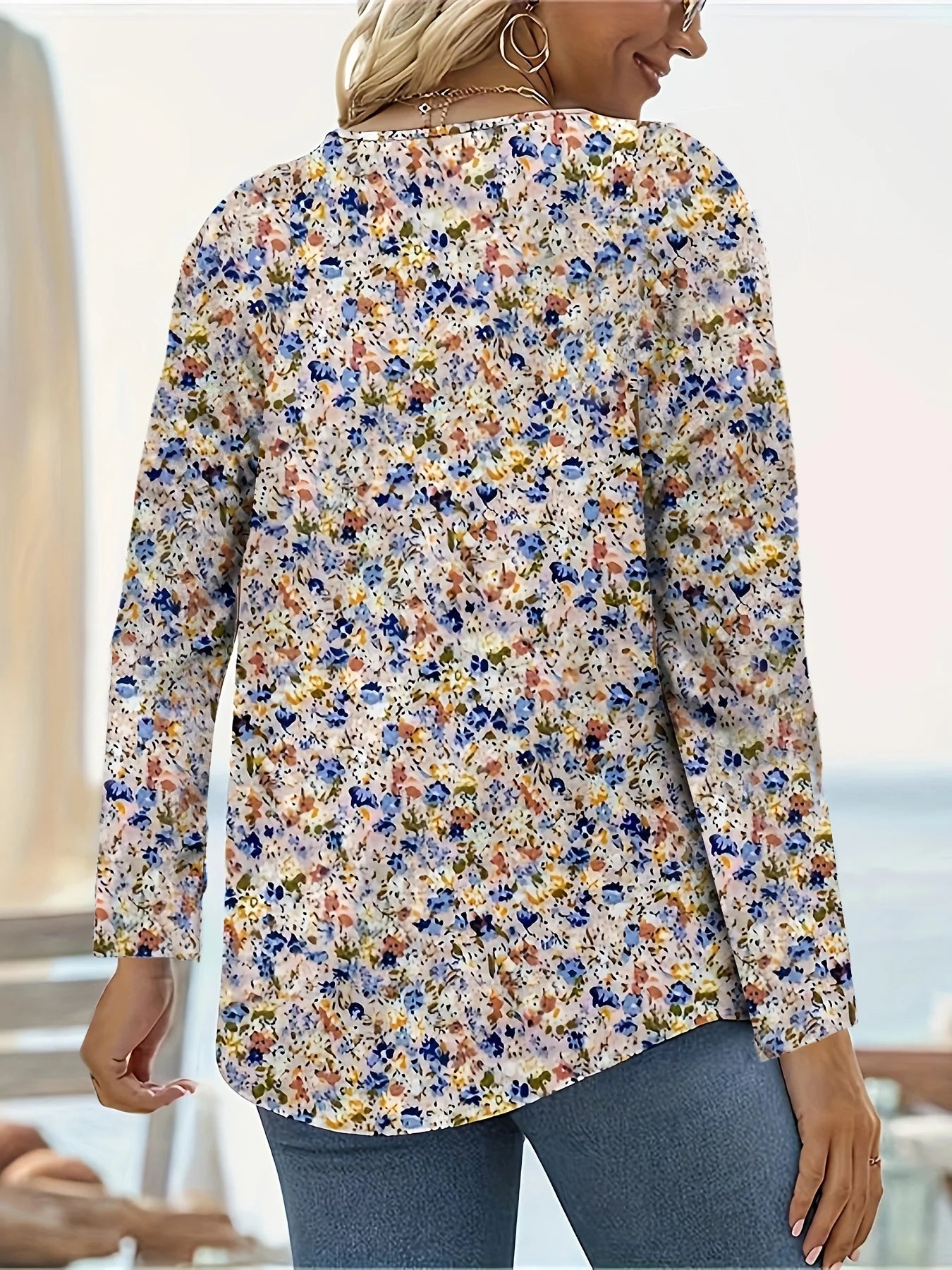 Women's Square Neck Printed Long Sleeve Blouses