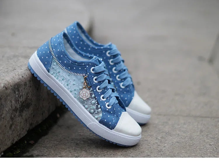 Unique Hollow Mesh Polka Dot Denim Sneakers