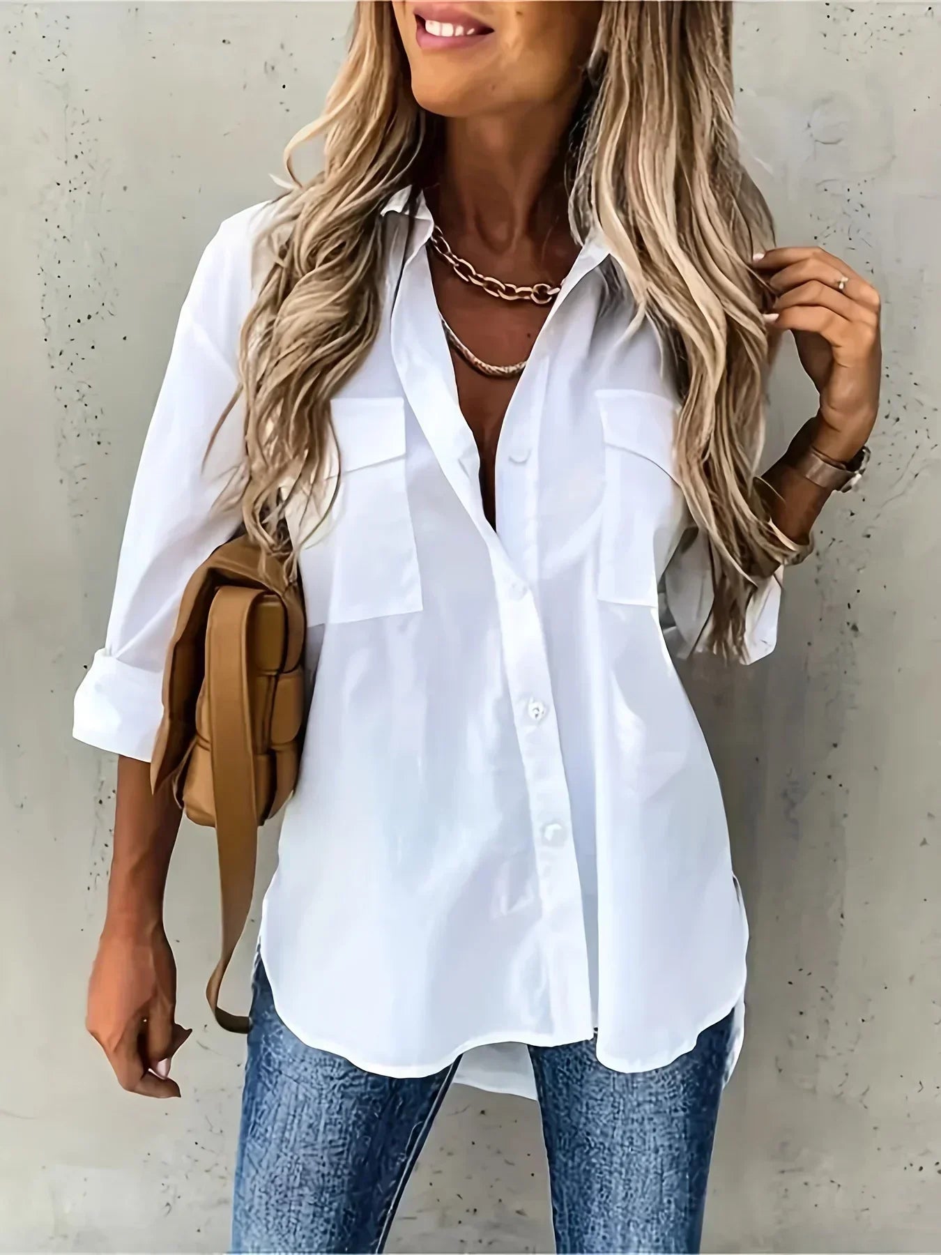 Solid Color Long Rolled Sleeve Button Up Shirt