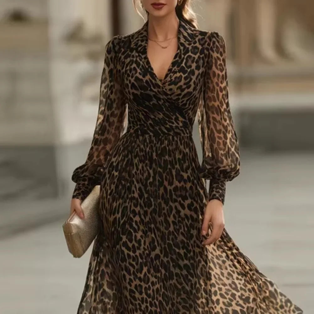 Sheer Leopard Print Elegant Flowy Long Sleeve V-Neck Dress