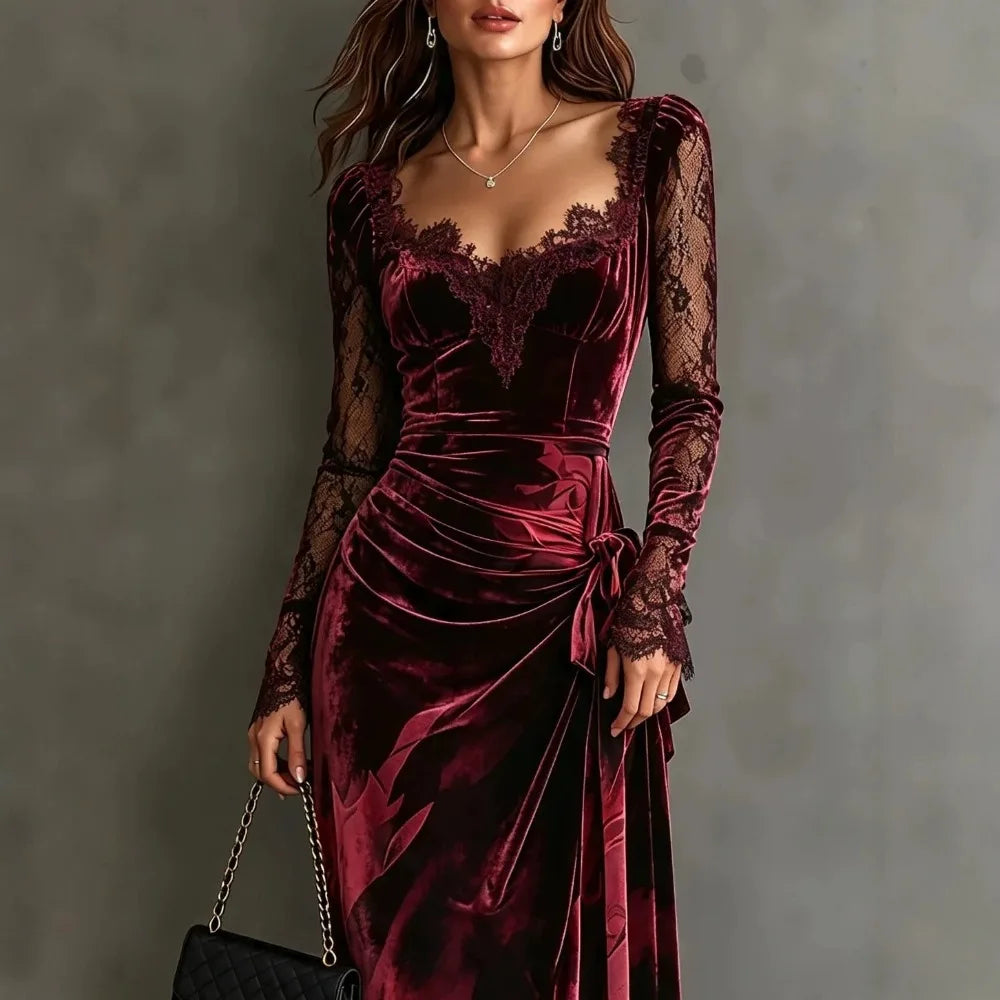 Burgundy Velvet Lace-Trim Fishtail Midi Dress