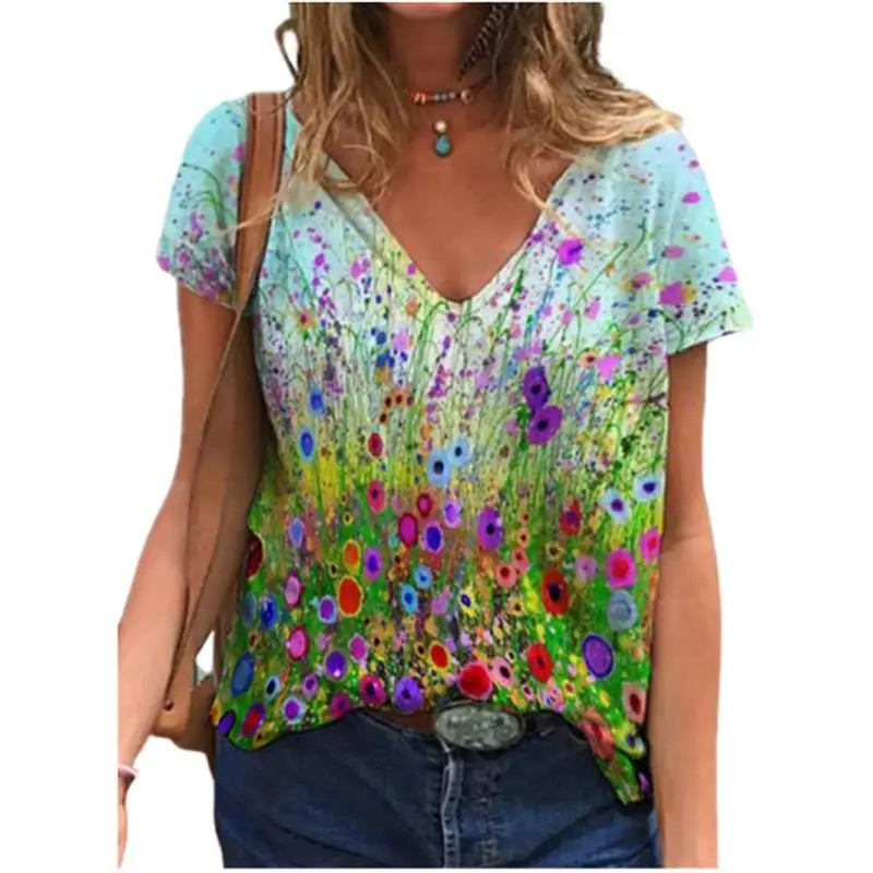 Women's Floral 3D Print V-Neck T-Shirt