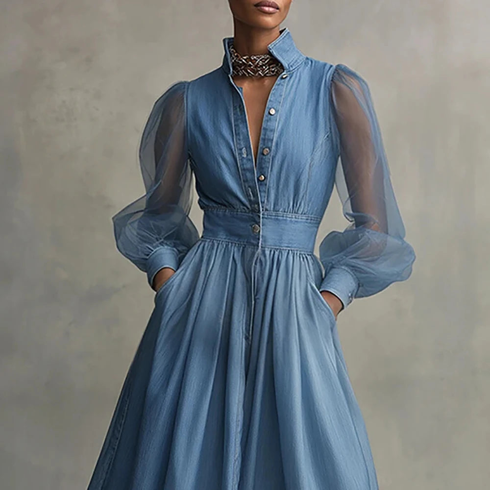 Classy Light Blue Denim Midi Shirt Dress with Sheer Puff Sleeves
