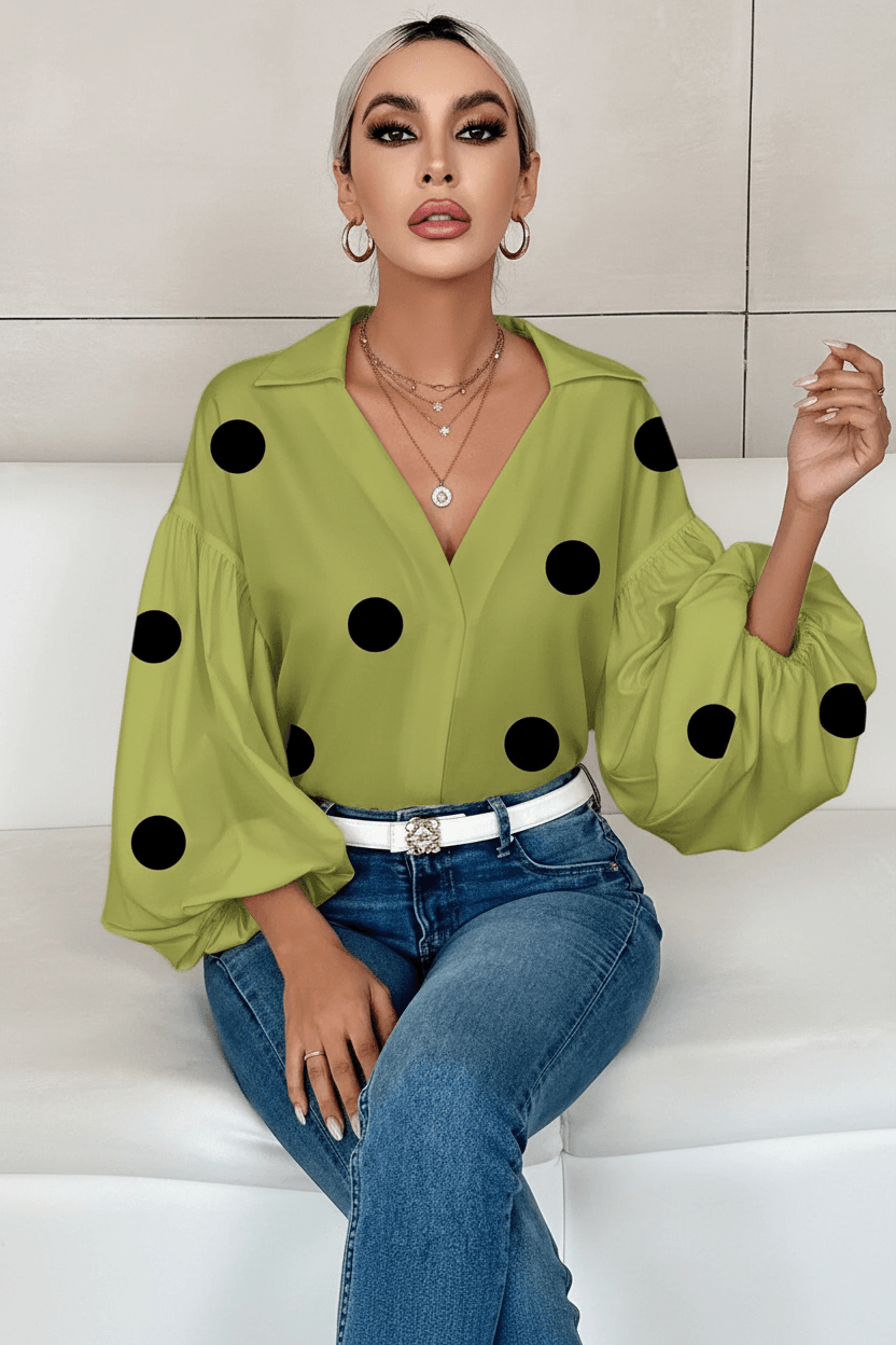 Women's Boho Polka Dot Blouse | French-Inspired Puff Sleeve Casual Top Bazaare Mart 3/4 Puff Sleeve V-Neck Blouse
