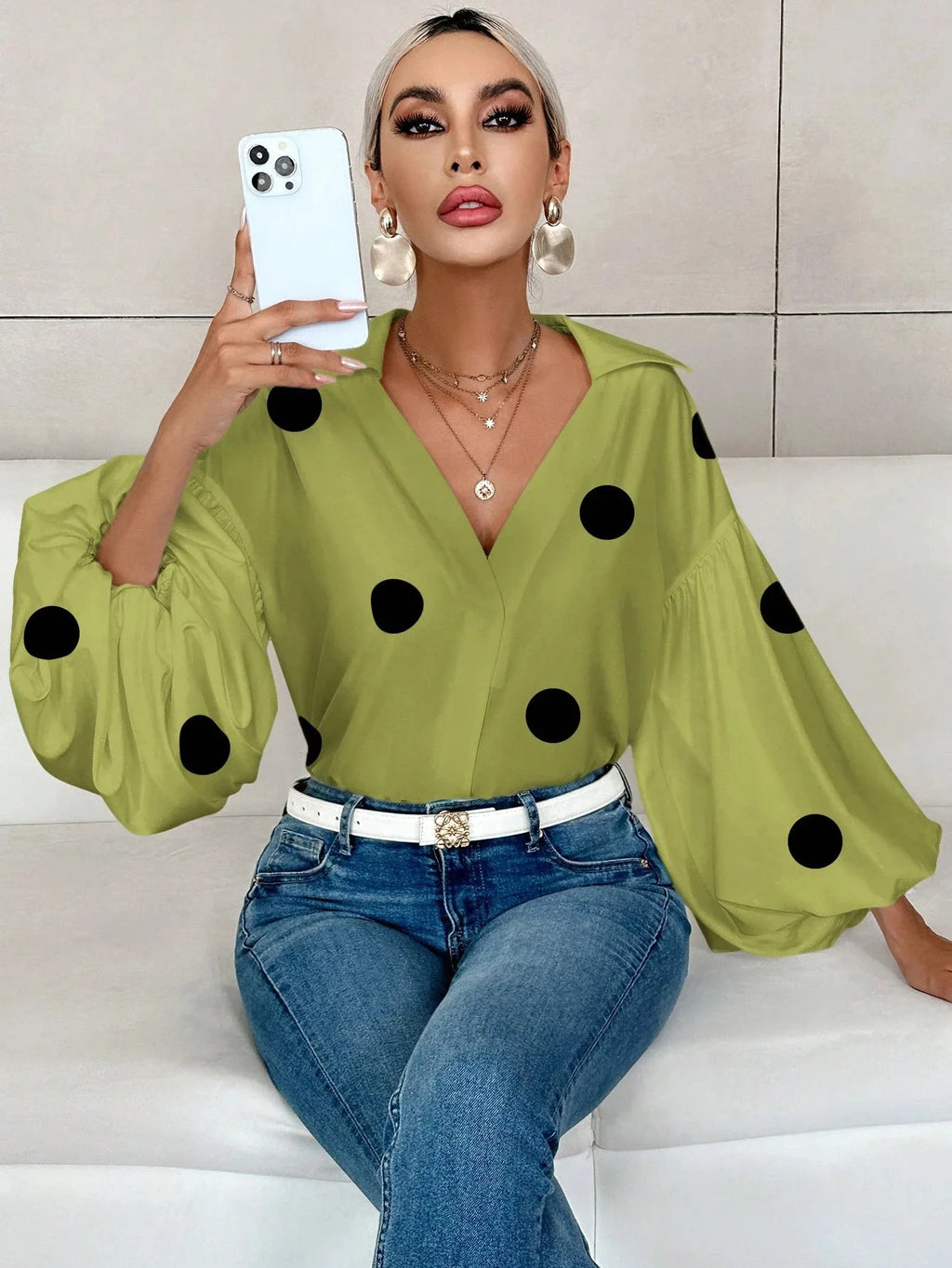 Boho Women's Blouses Spring Fall New Fashion French Polka Dot Half-neck Design Loose Puff Long-sleeve Top Casual Shirts Women Bazaare Mart