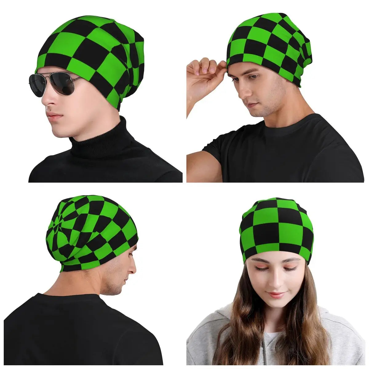 Unisex Knitted Adult Green and Black Checkerboard Cap