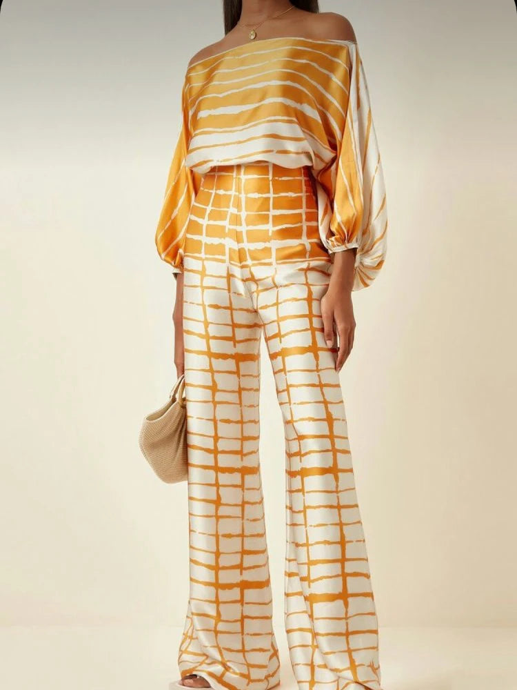 Abstract Print Satin 2pc Pants Sets
