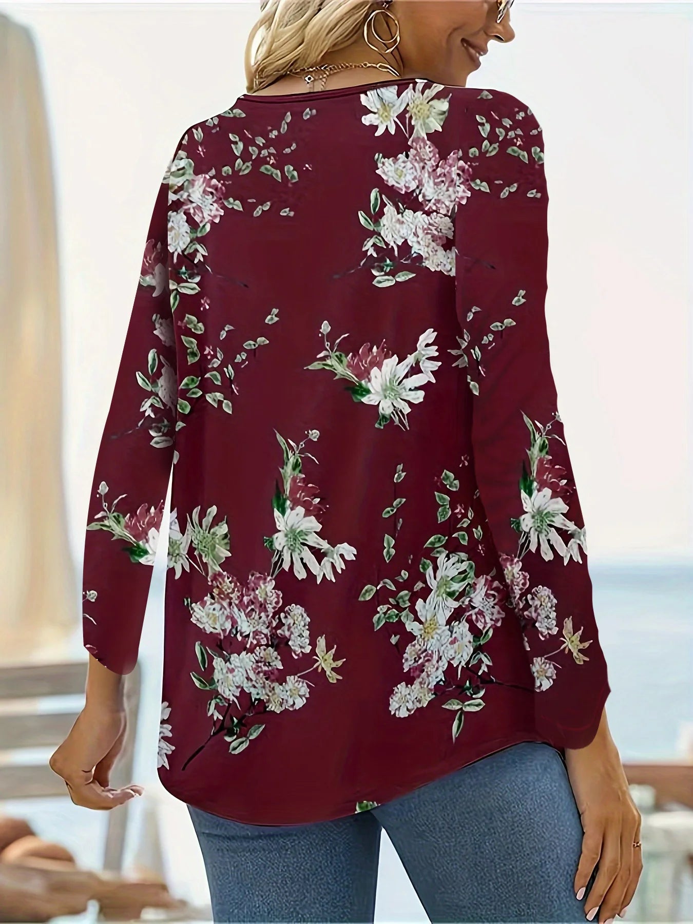 Women's Square Neck Printed Long Sleeve Blouses