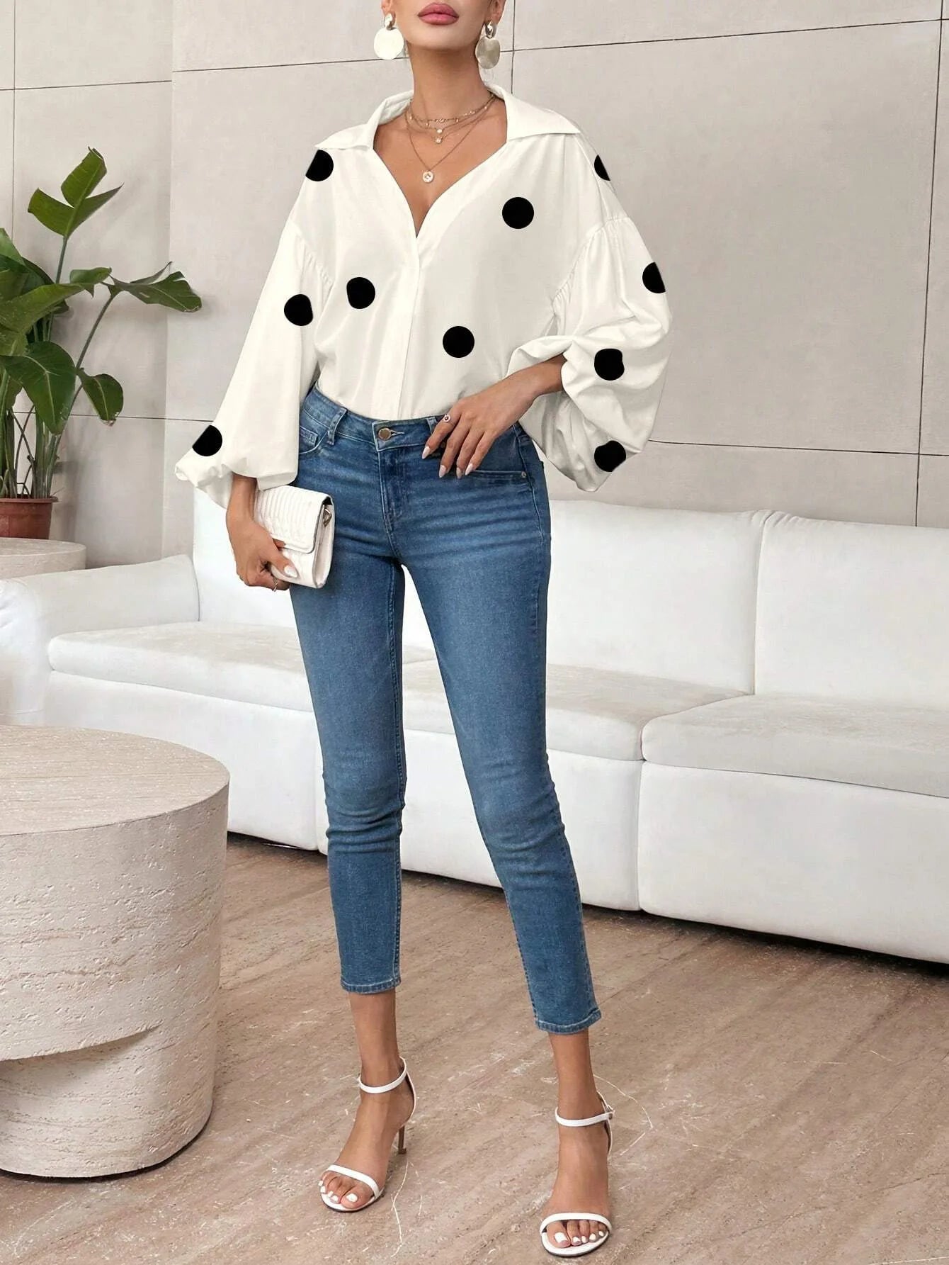 Boho Women's Blouses Spring Fall New Fashion French Polka Dot Half-neck Design Loose Puff Long-sleeve Top Casual Shirts Women Bazaare Mart