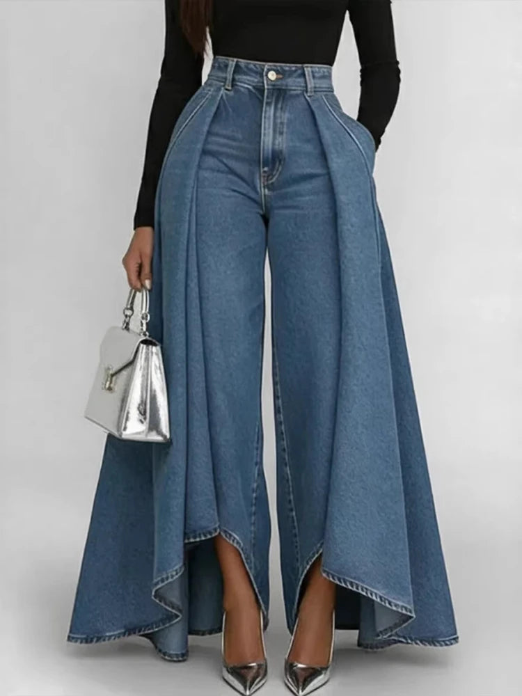 Make a bold fashion statement with these high-waisted asymmetrical wrap wide leg denim jeans. Featuring a flowing layered design, flattering fit, and modern street-style appeal, they're perfect for elevating any outfit.