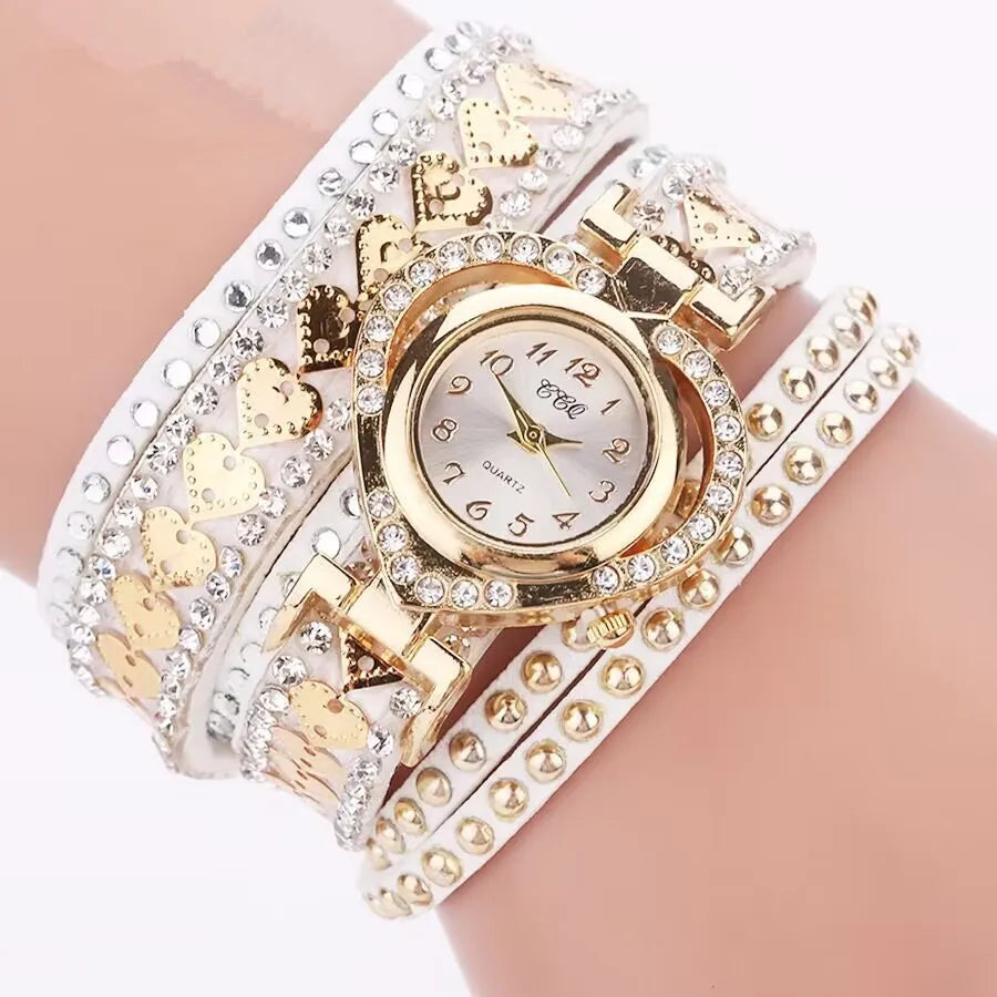 Women's Rhinestone Heart Wrap Bracelet Watch | Elegant Leather Quartz Watch White Bazaare Mart Ladies Watch