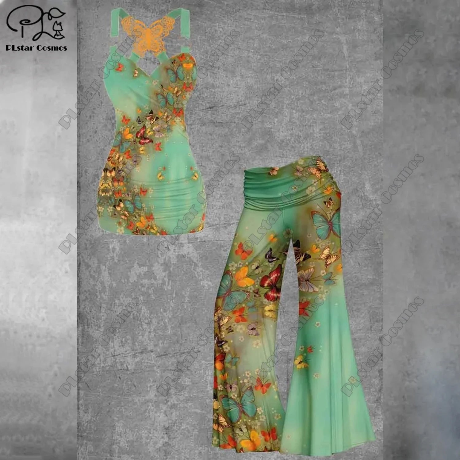 PLstar Cosmos 2023 new 3D printing women's literary rainbow butterfly vest + wide-leg pants two-piece set H1 3 Bazaare Mart