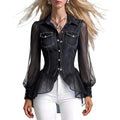 Women's Denim-Look Mesh Sleeve Peplum Blouse