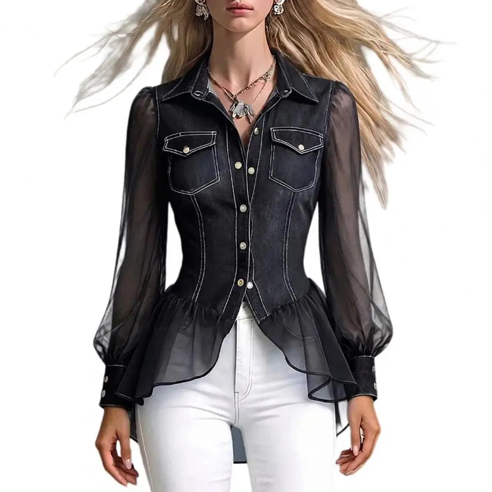 Women's Denim-Look Mesh Sleeve Peplum Blouse