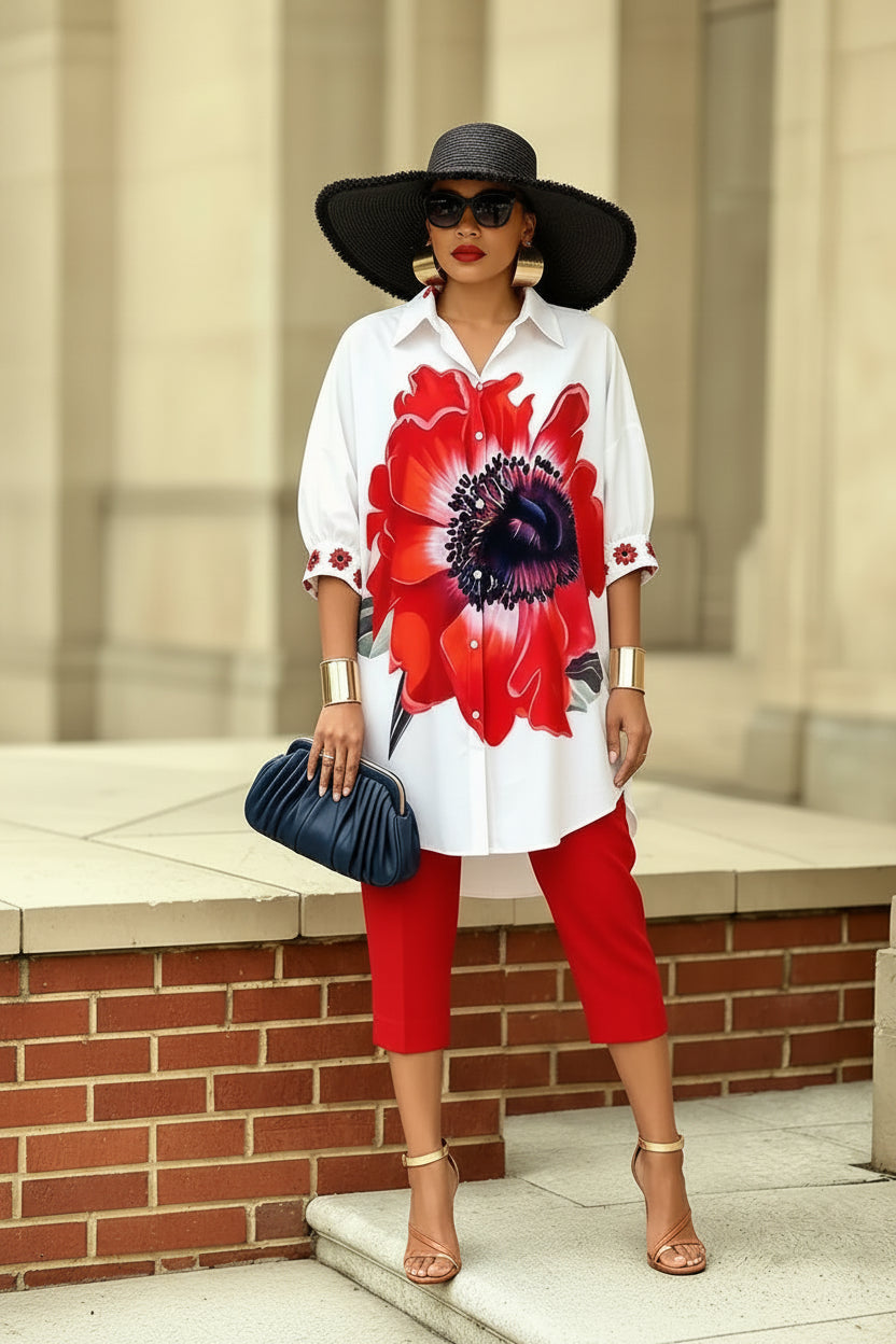 Women's Bold Floral Button-Up Shirt & Capri Pants 2-Piece Set – Elegant Summer Outfit Bazaare Mart Capris Outfit