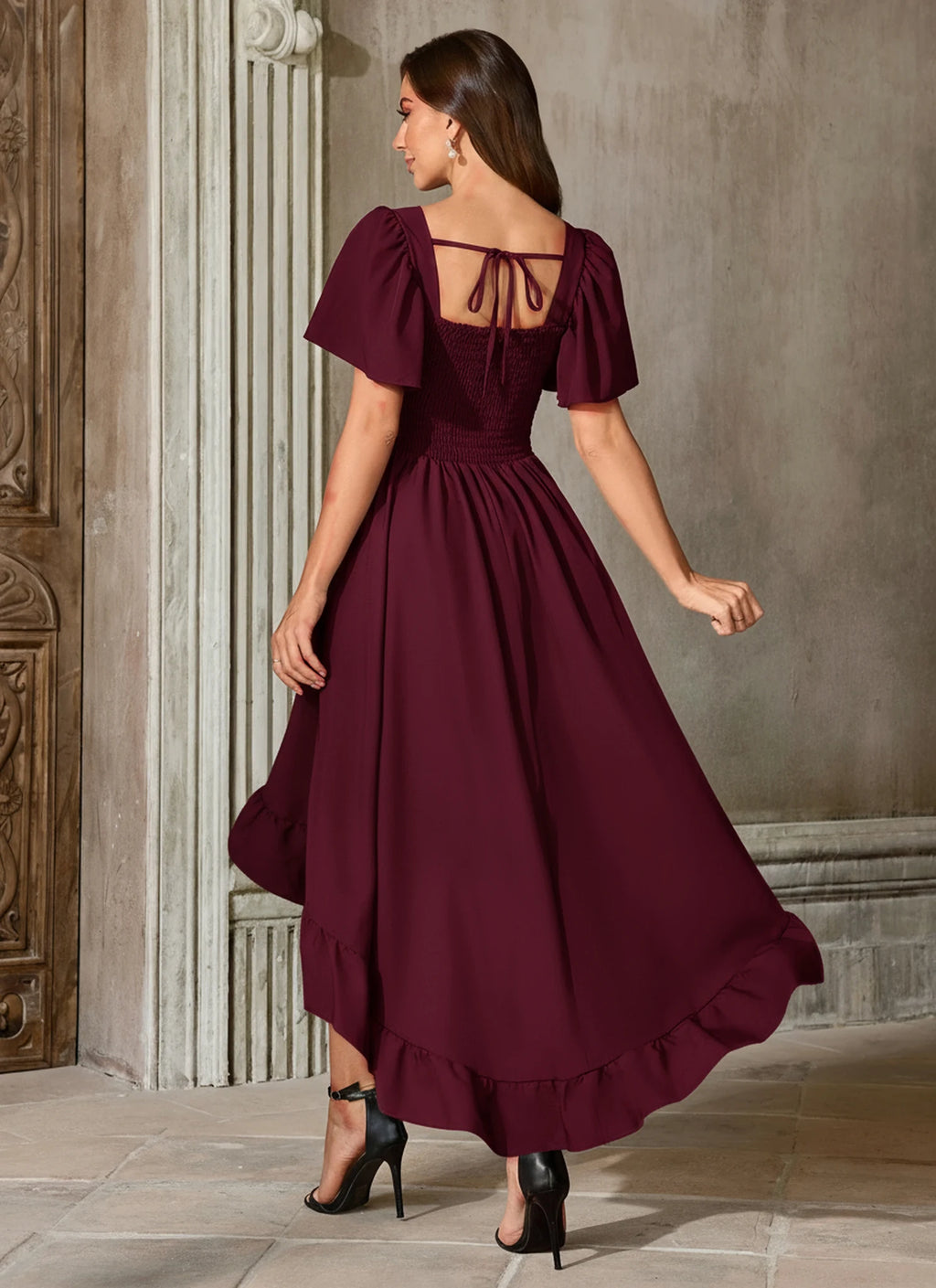 Burgundy High-Low Renaissance Dress with Corset-Style Bodice