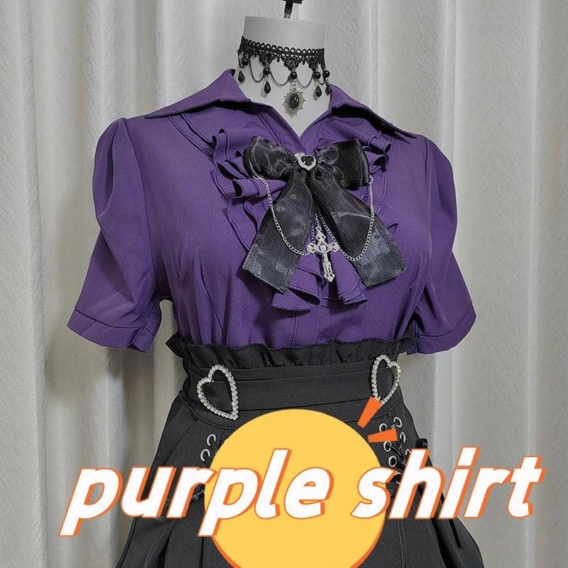 Women's Kawaii Lolita Blouse – Japanese-Inspired Peter Pan Collar Shirt with Lace & Bow Details short purple shirt Bazaare Mart Blouse
