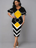 Yellow & Black Plus Size Elegant Print Party Dress Yellow Bazaare Mart Midi Dress