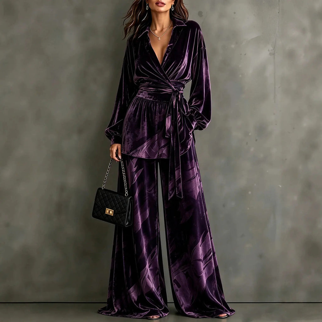 Women's Retro Velvet Two-Piece Set – V-Neck Top & Wide-Leg Pants
