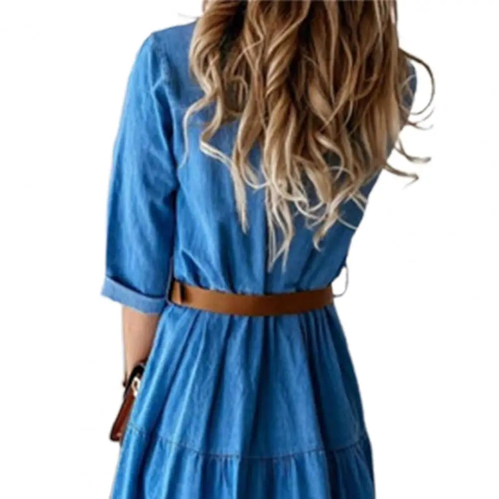 Blue Denim Shirt Dress – Tiered Ruffle Skirt & Three-Quarter Sleeves