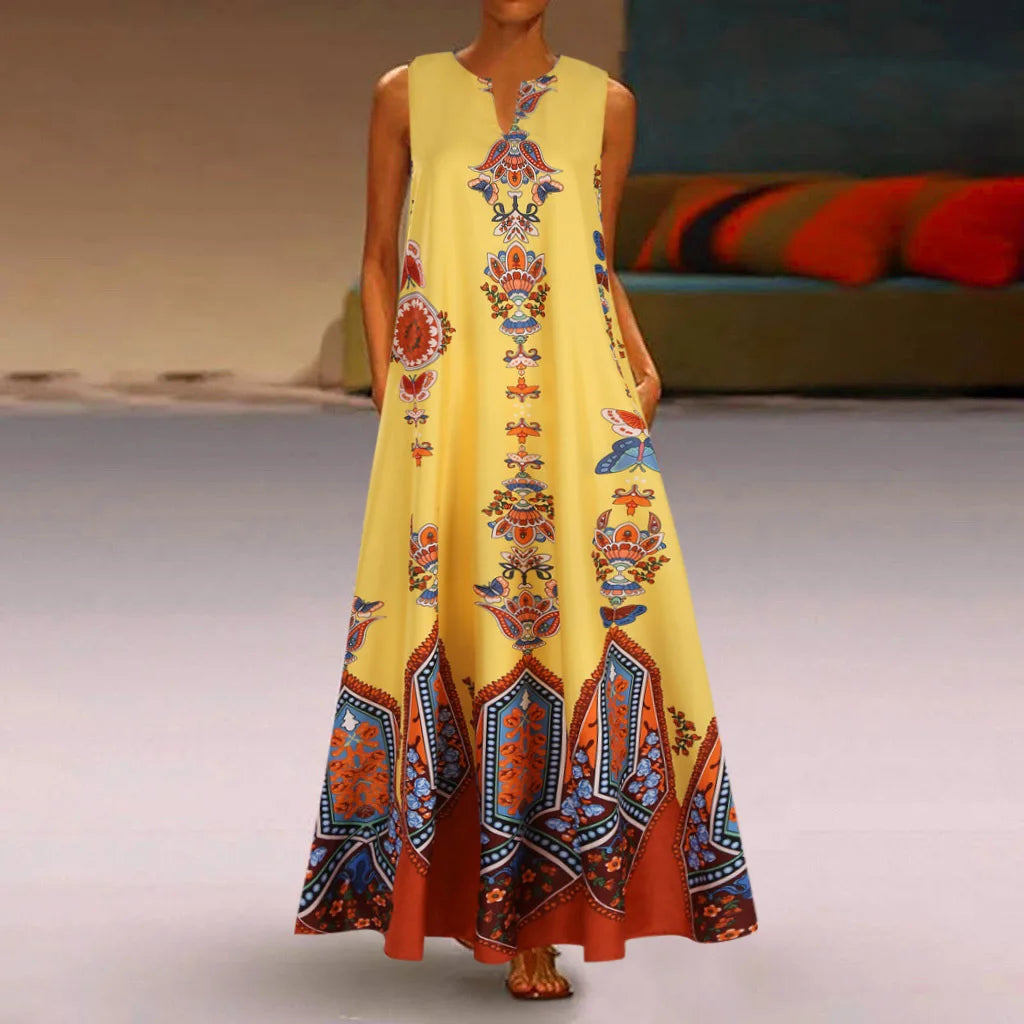 Women's Retro Boho Maxi Dress – Sleeveless V-Neck Summer Beach Dress with Pockets Bazaare Mart Maxi Sundress