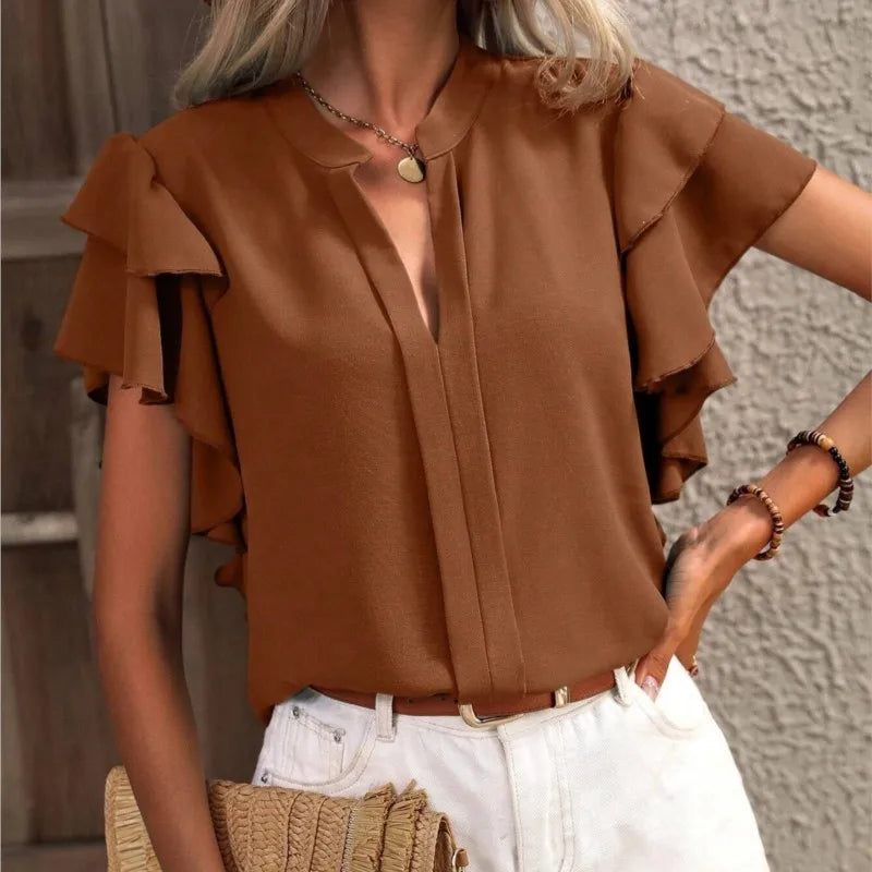 V-neck Ruffle Sleeve Solid Color Blouse