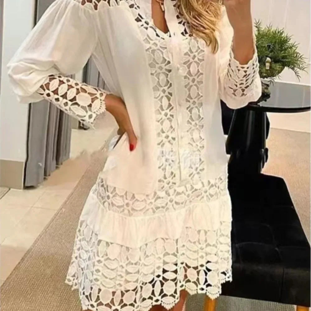 Spring Summer Lace Hollowed Out Patchwork Shirt Women's Dress Sexy Elegant Female 2 Piece Suit With Inner Strap Anti Slip Dress Bazaare Mart