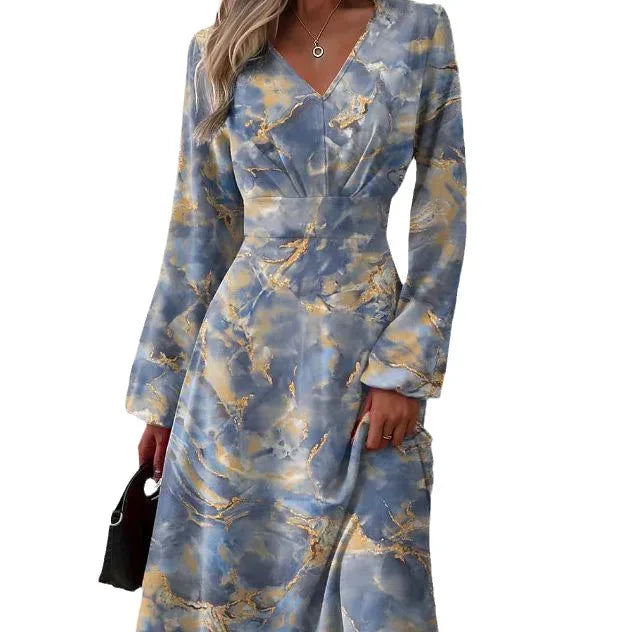 Slim Fit Printed V-neck Long Sleeve Dress Slate Gray Bazaare Mart Long Sleeve Midi Dress