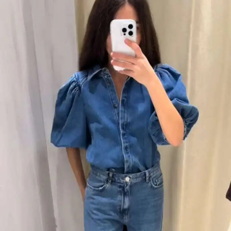 Denim Puff Sleeve Shirt & Wide Leg Jeans