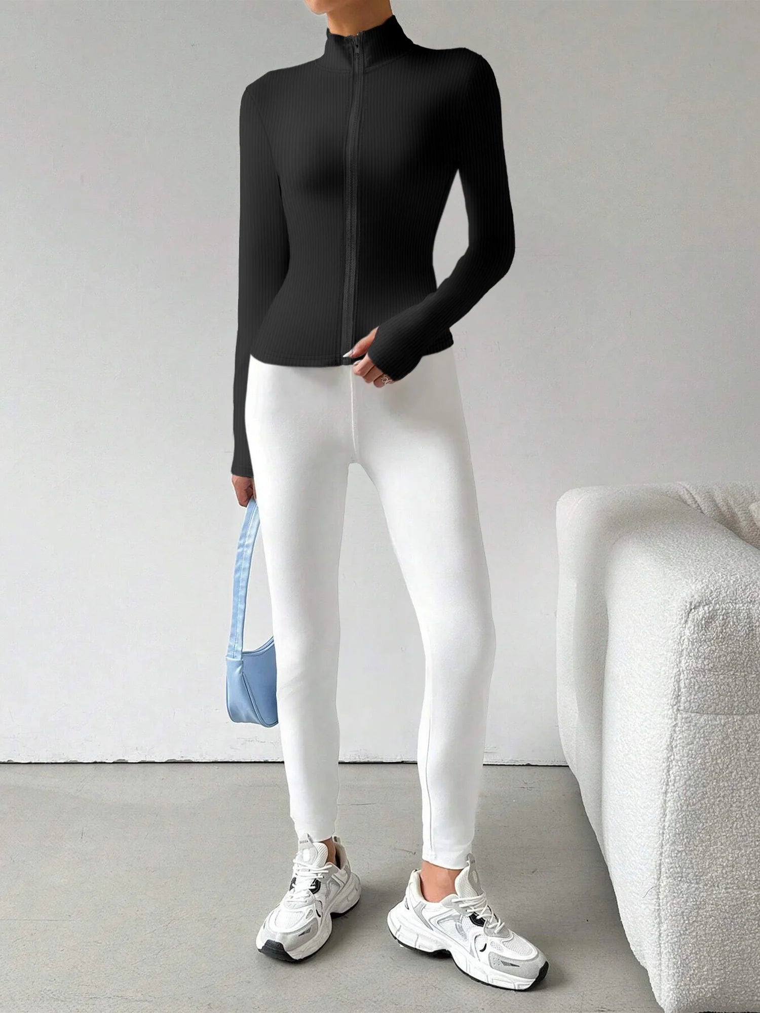 Ribbed Knit Zip-Up Crop Active Fit Jacket with Stand Collar