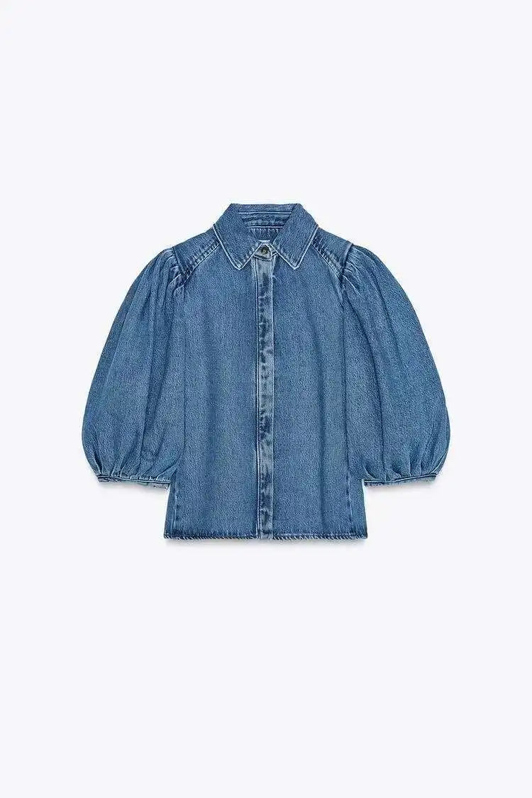 Denim Puff Sleeve Shirt & Wide Leg Jeans