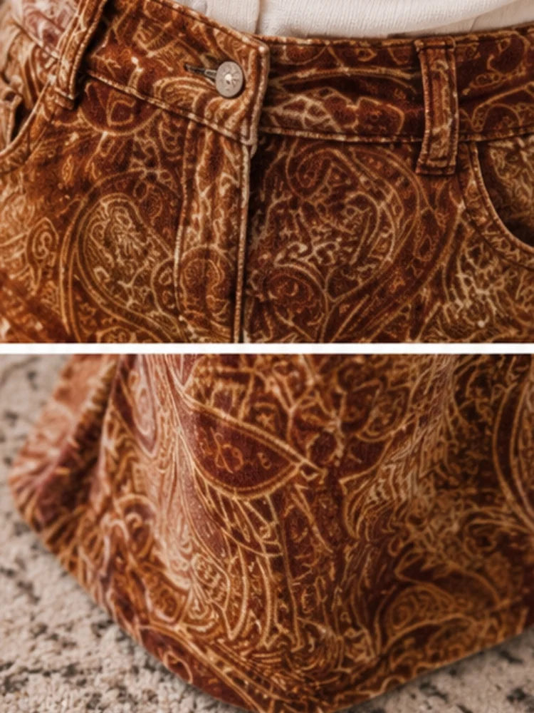 Vintage Velvet Paisley High-Waist Bell Bottom Slacks