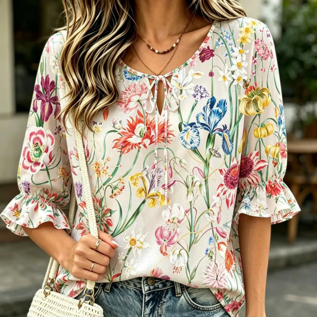 Women's Vibrant Floral Print Ruffle Sleeve Blouse – Tie Neck Boho Top for Spring & Summer Bazaare Mart Floral Blouse