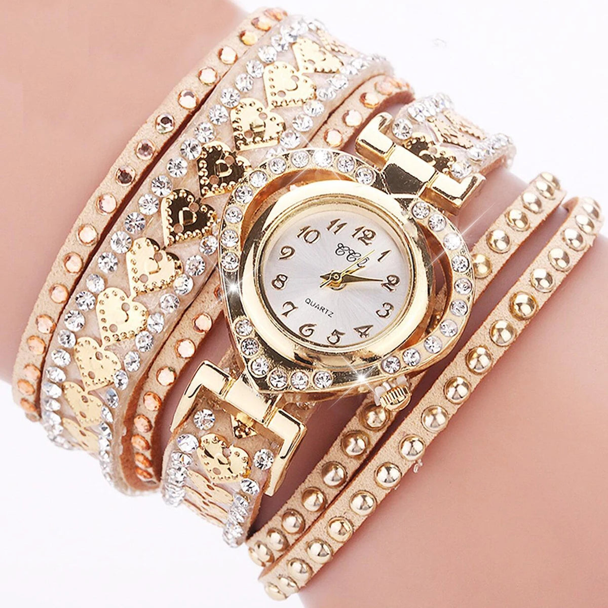 Women's Rhinestone Heart Wrap Bracelet Watch | Elegant Leather Quartz Watch Beige Bazaare Mart Ladies Watch