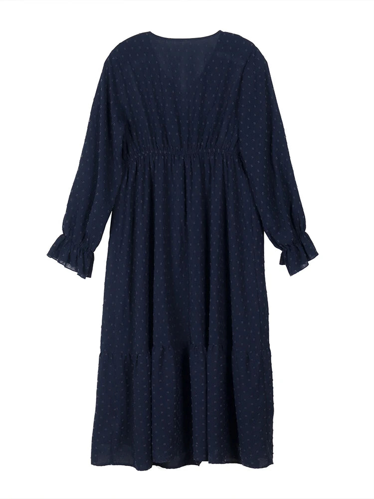 Navy V-Neck Long Puff Sleeve Maxi Dress Bazaare Mart Navy Blue Velvet Long Lantern Sleeve Maxi Dress