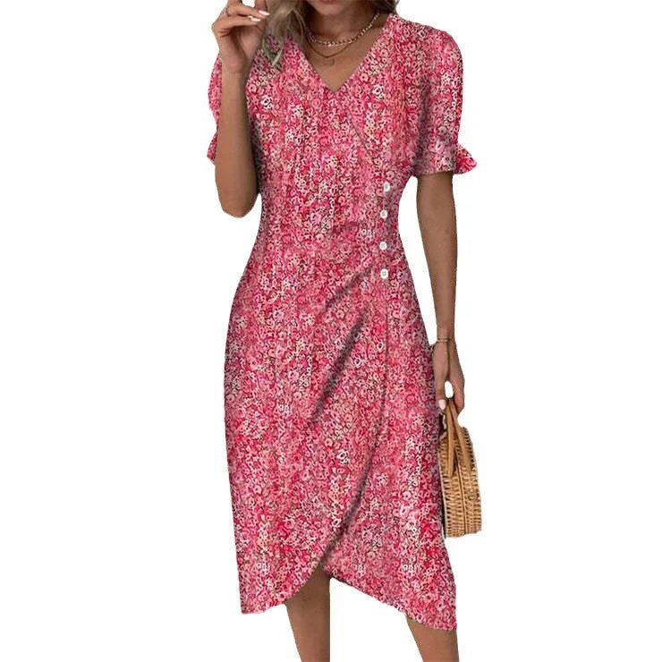 Elegant Printed Puff Sleeve V-neck Wrap Dress