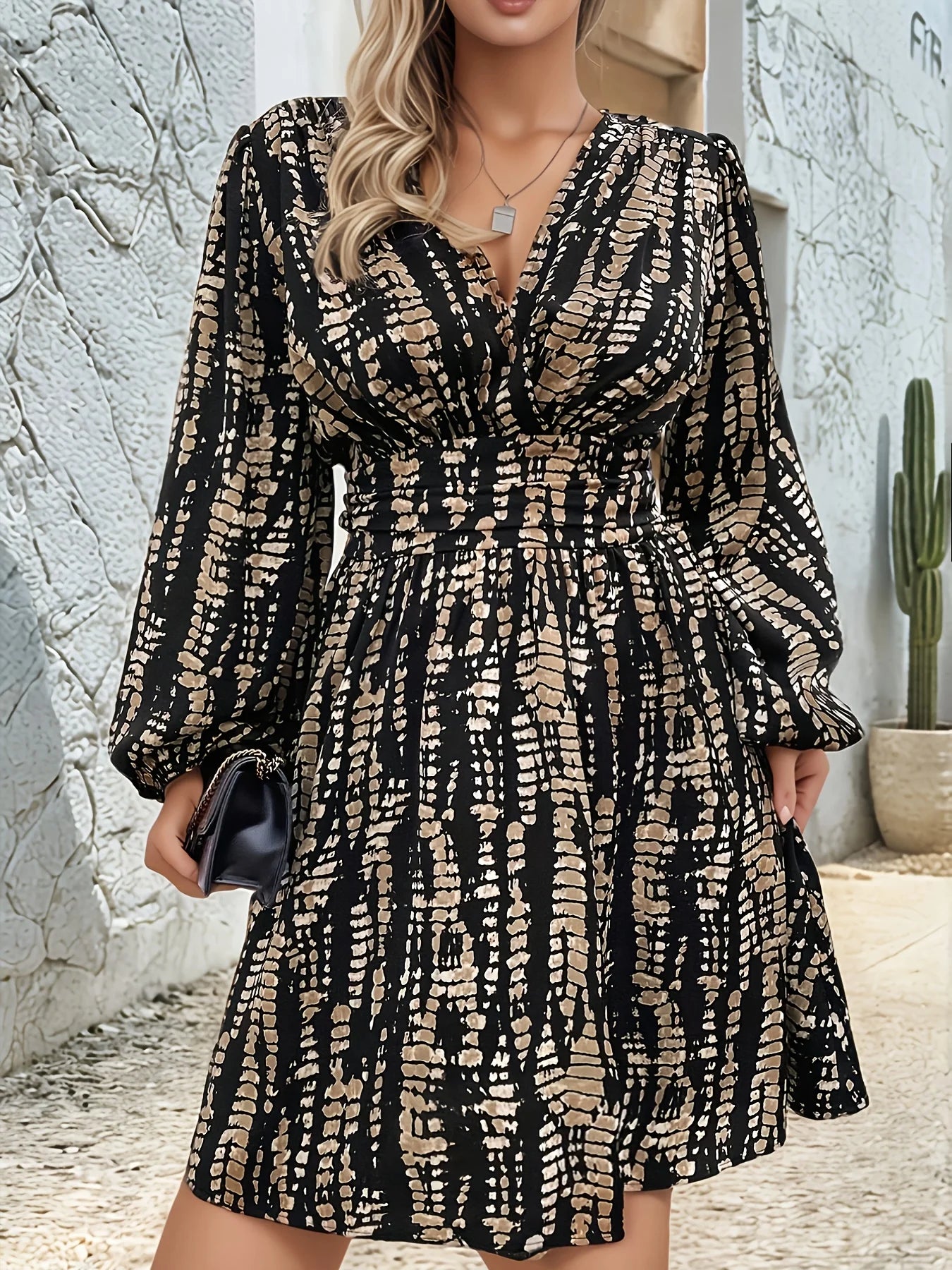 V-Neck Long Puffy Sleeve Cinched Waist Dress