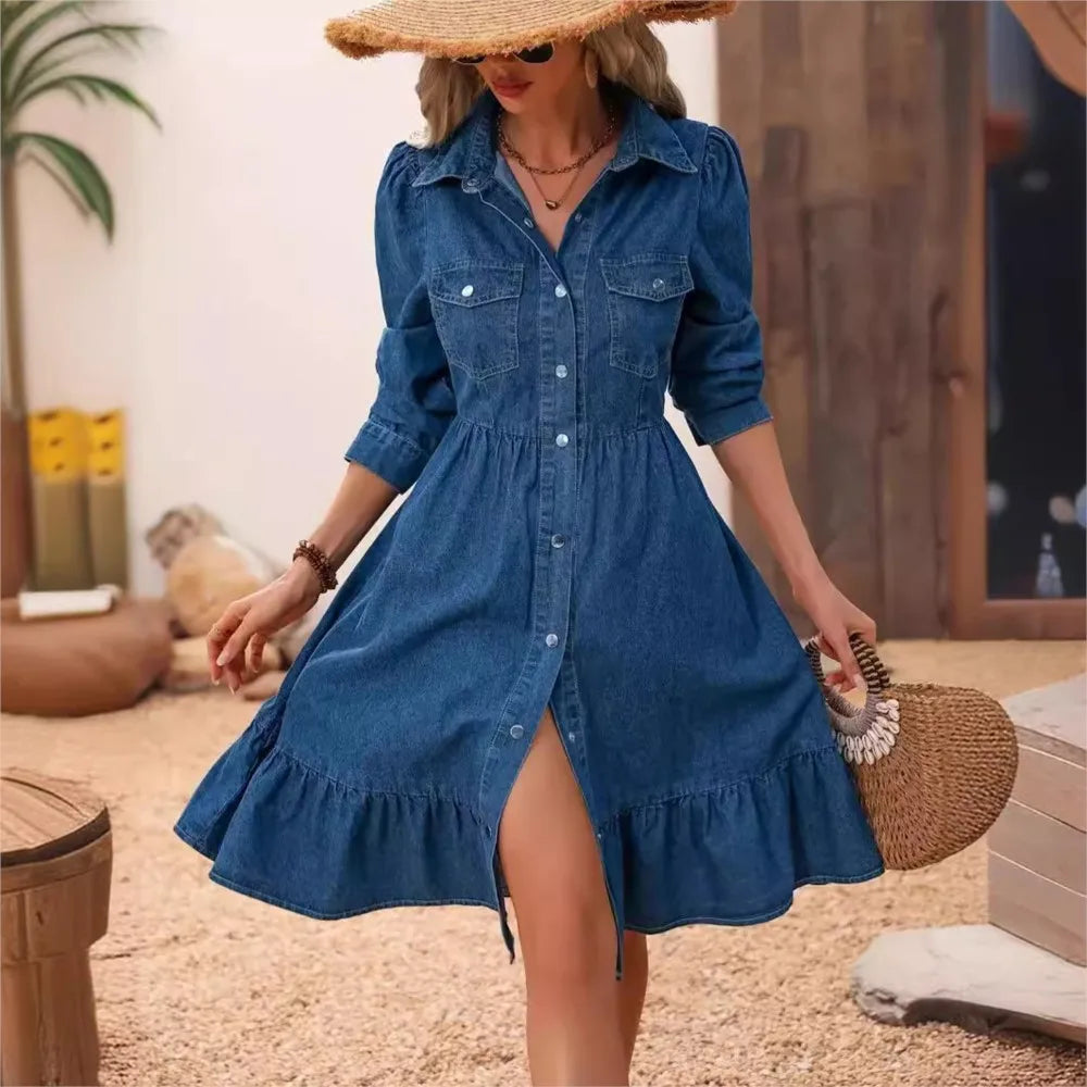 Denim Long Sleeve Button Up Shirt Dress