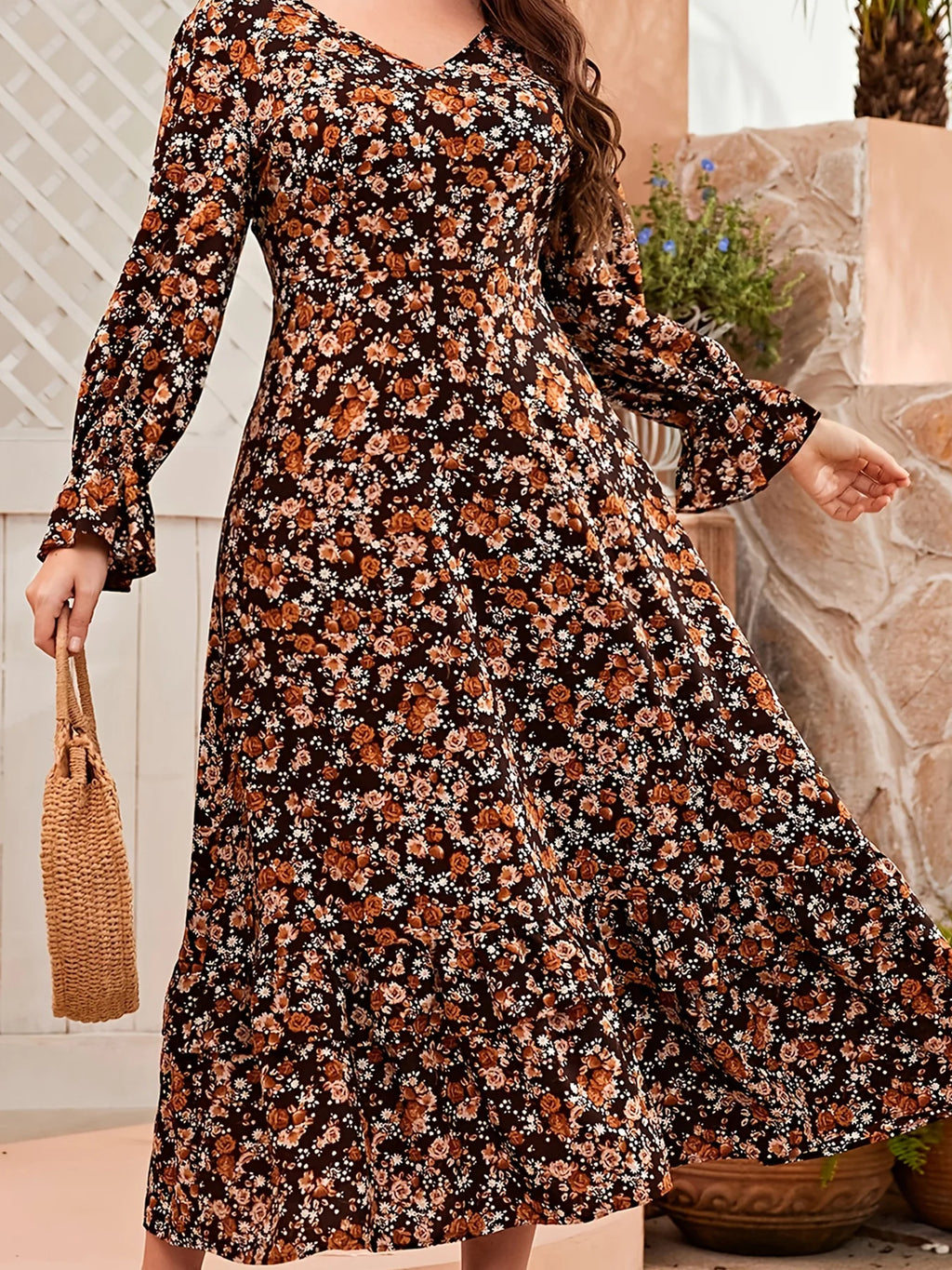 Brown Floral Long Sleeve V-Neck Midi Dress