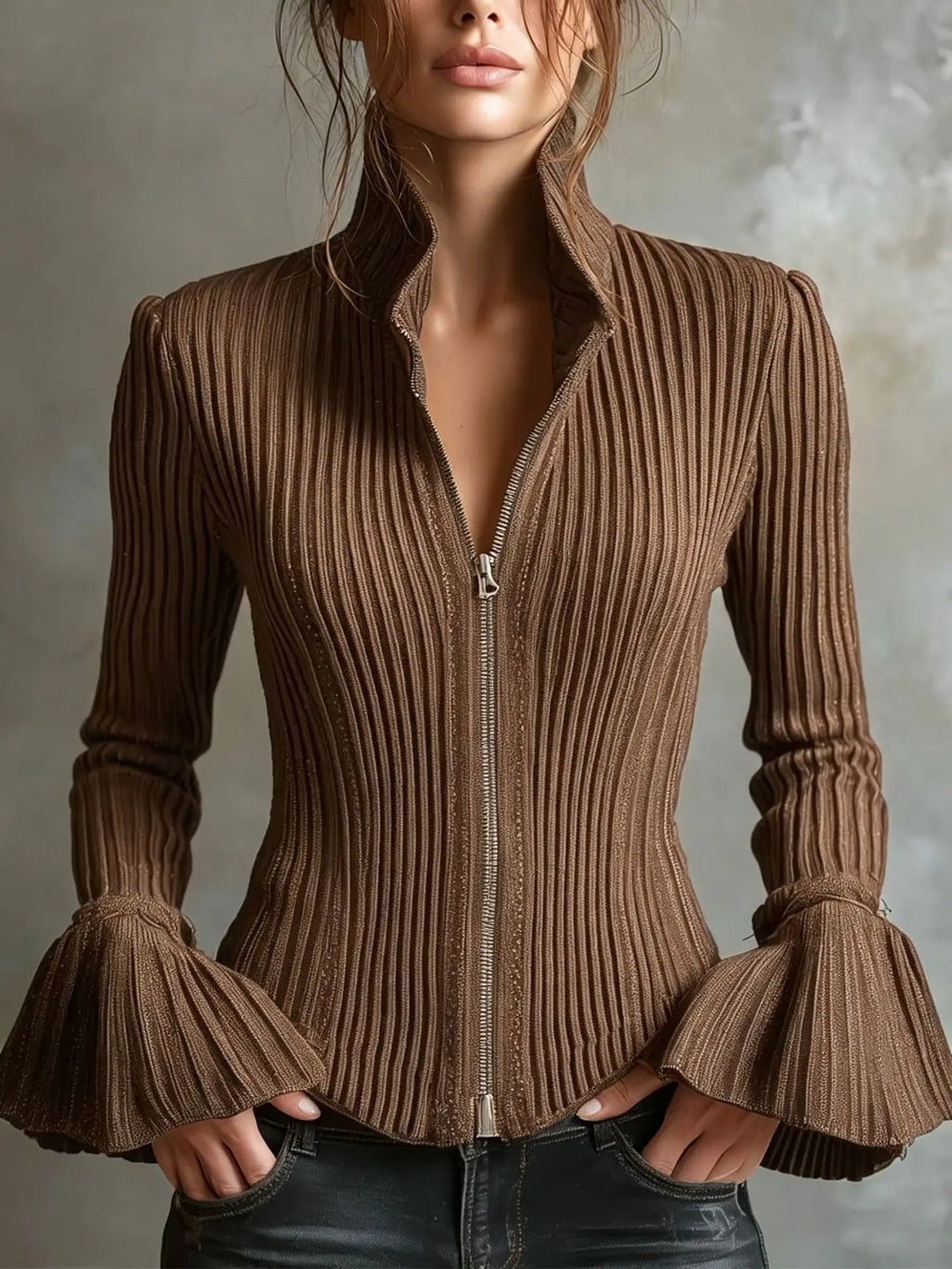 A woman wearing a brown ribbed knit zip-up jacket with a high stand collar and flared bell sleeves, paired with dark jeans, against a textured gray background.
