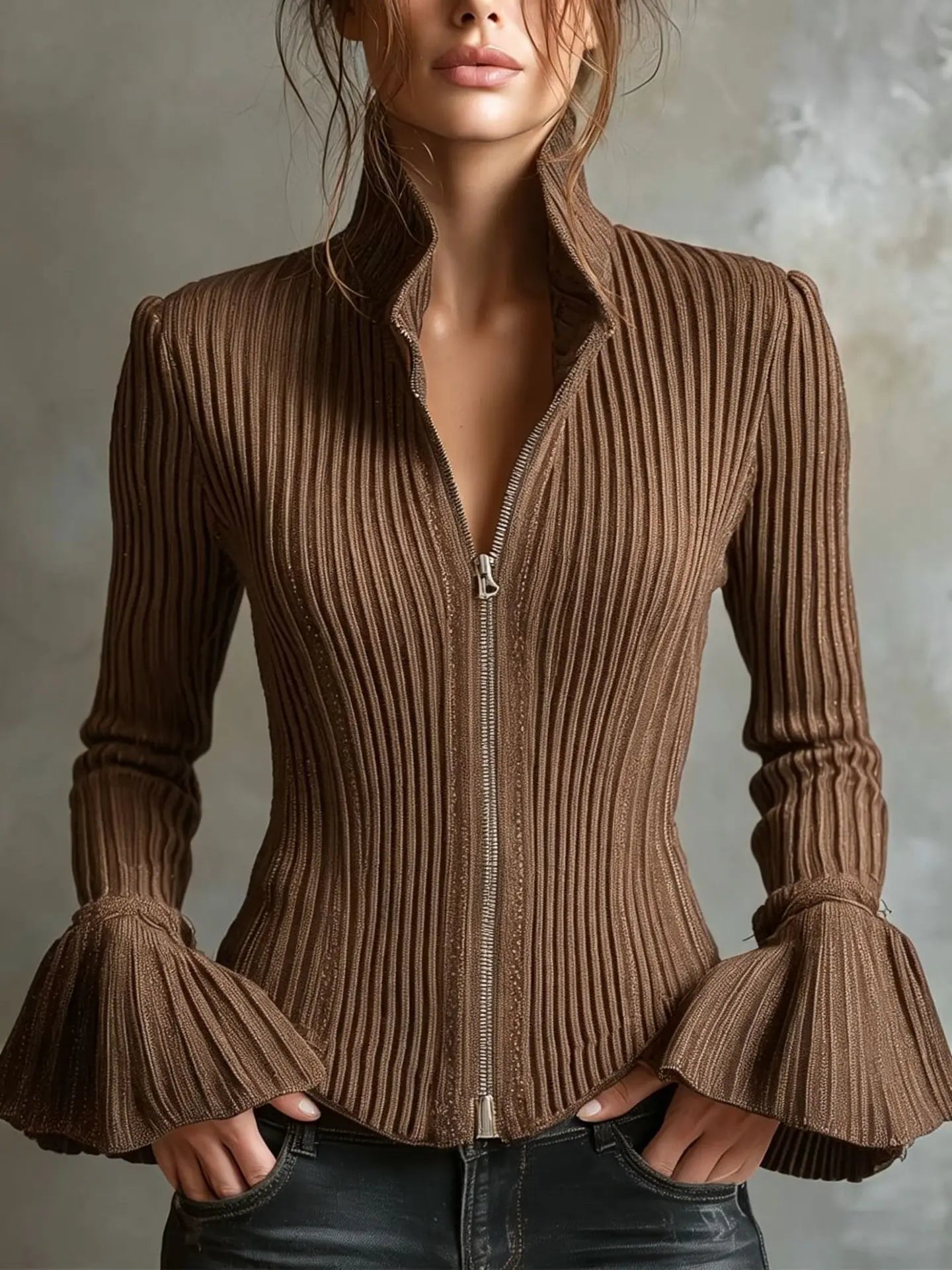 A woman wearing a brown ribbed knit zip-up jacket with a high stand collar and flared bell sleeves, paired with dark jeans, against a textured gray background.